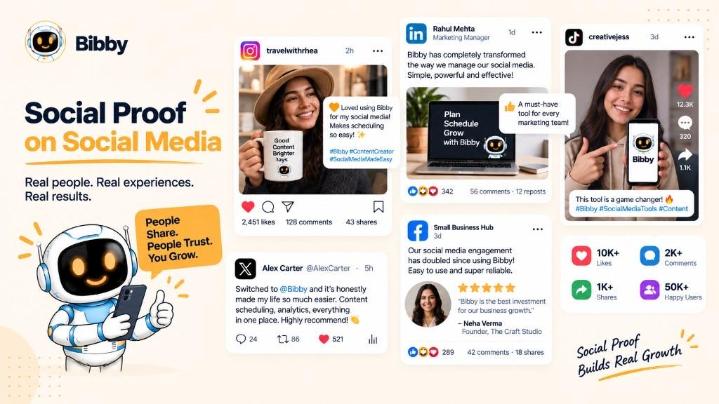 Infographic titled Social Proof on Social Media: sample Instagram, LinkedIn, TikTok, Facebook, and X-style posts with likes, comments, and customer quotes about a product.