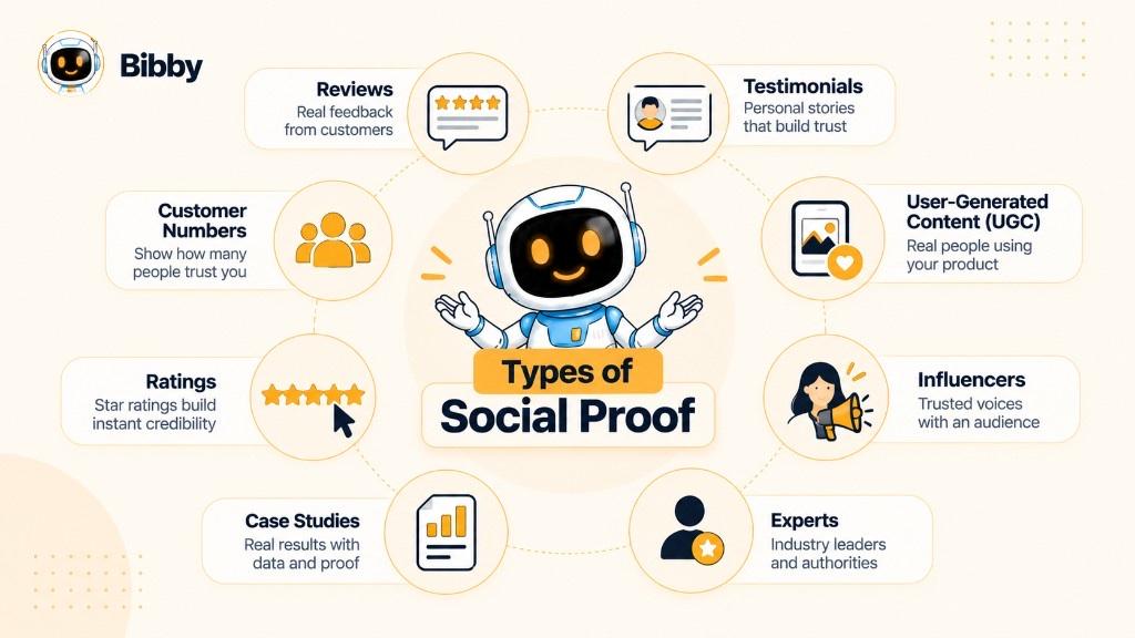 Infographic titled Types of Social Proof: reviews, testimonials, UGC, influencers, experts, case studies, ratings, and customer numbers around a robot.