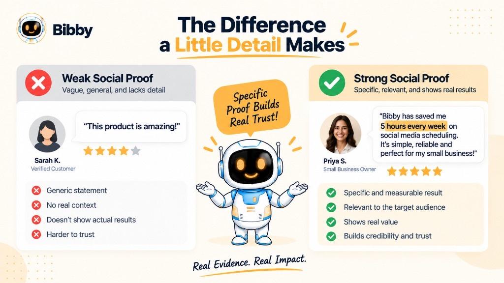 Infographic titled The Difference a Little Detail Makes: weak social proof is vague praise; strong social proof is a specific, relevant result from a named customer.