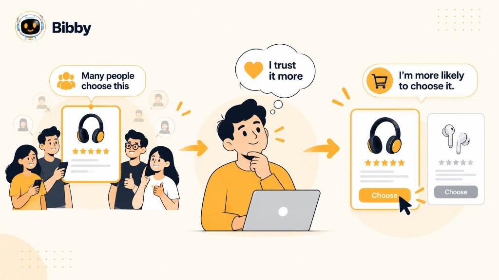 Infographic of people reviewing a five-star headphone listing, then a shopper choosing that product over earbuds after thinking they trust it more.