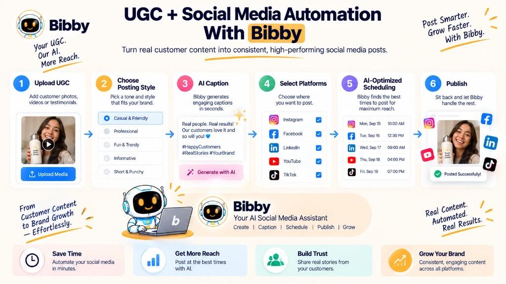 Infographic of a UGC publishing workflow: upload customer media, choose posting style, write an AI caption, select platforms, schedule posts, and publish.