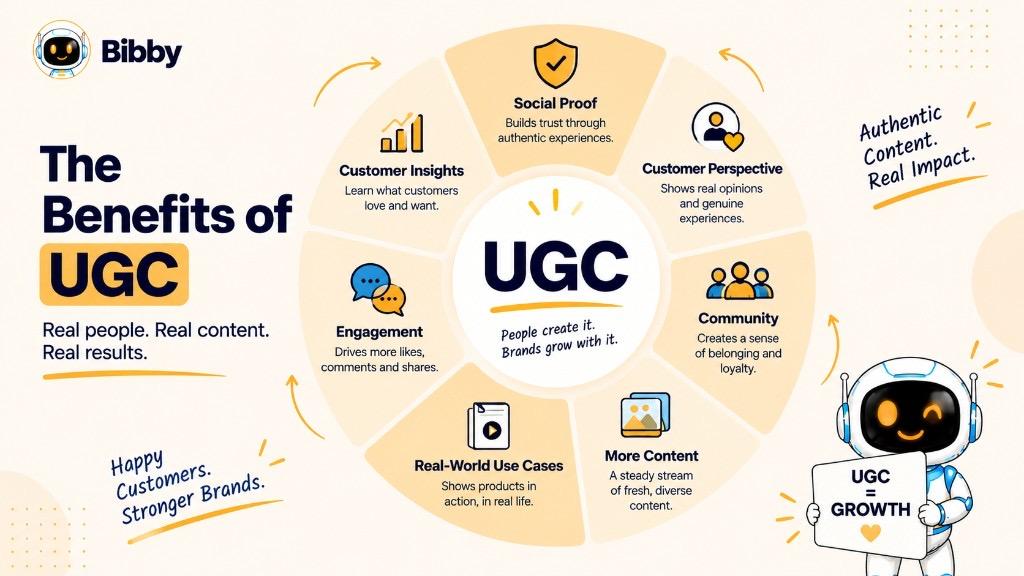 Infographic of UGC benefits: social proof, customer perspective, community, more content, real-world use cases, engagement, and customer insights.