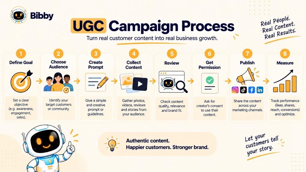 Infographic of an eight-step UGC campaign process: define the goal, choose audience, create a prompt, collect content, review, get permission, publish, and measure.