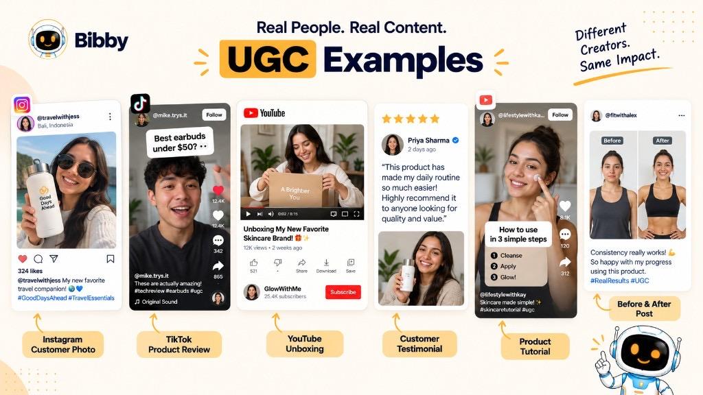 Infographic of UGC examples: Instagram customer photo, TikTok product review, YouTube unboxing, customer testimonial, product tutorial, and before-and-after post.