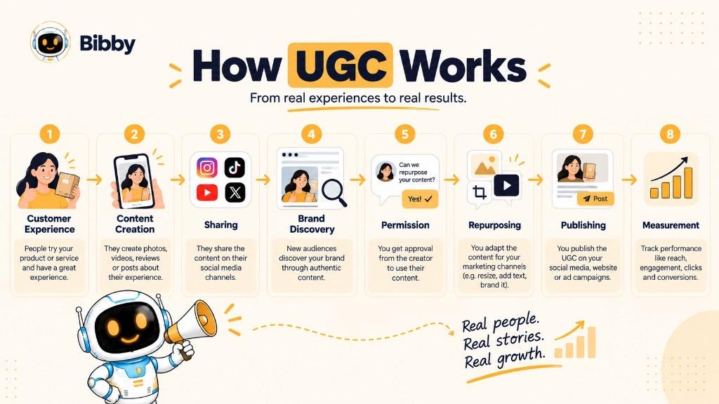Infographic of eight UGC steps: customer experience, content creation, sharing, brand discovery, permission, repurposing, publishing, and measurement.