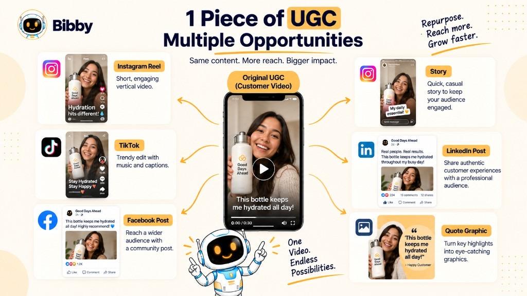 Infographic showing one customer video turned into an Instagram Reel, TikTok, Facebook post, Story, LinkedIn post, and quote graphic.