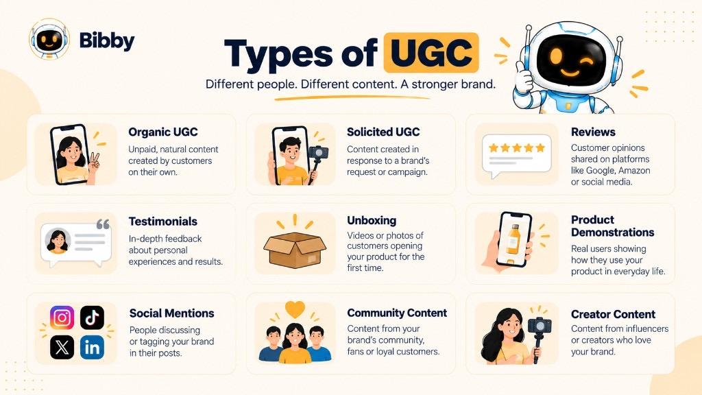 Infographic of UGC types: organic, solicited, reviews, testimonials, unboxing, product demonstrations, social mentions, community content, and creator content.