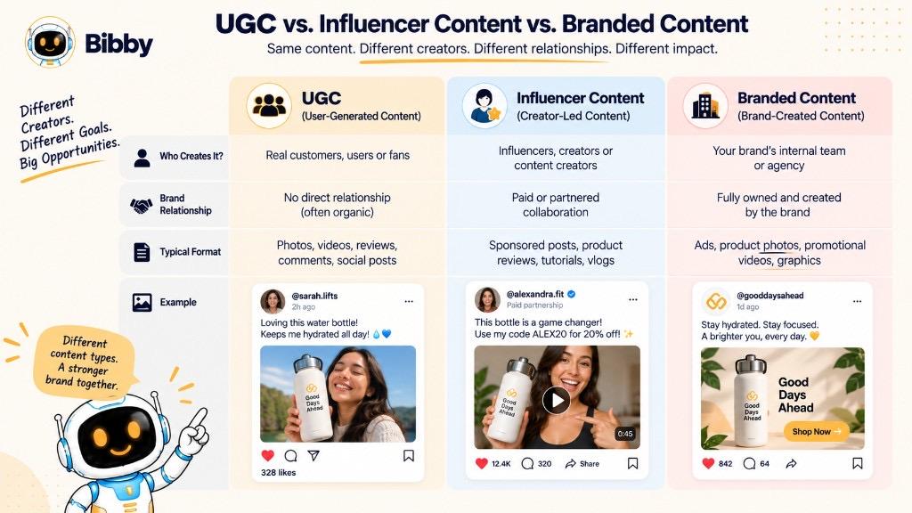 Infographic comparing UGC, influencer content, and branded content by who creates it, the brand relationship, typical formats, and example posts.