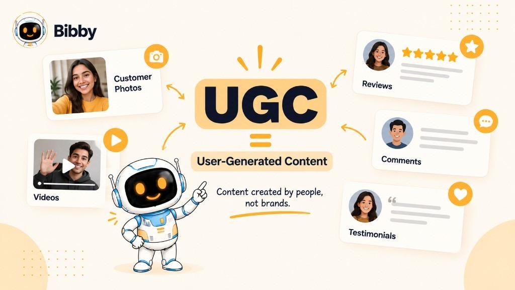 Infographic defining UGC as user-generated content created by people, not brands, including customer photos, videos, reviews, comments, and testimonials.