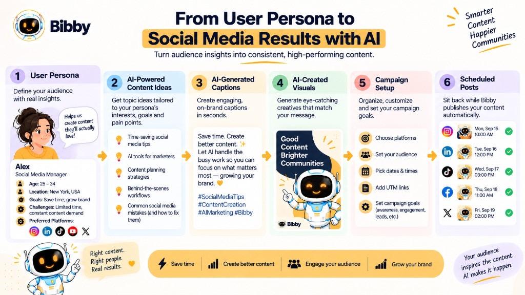 Infographic of a persona-to-publishing workflow: audience insights, content ideas, captions, visuals, campaign setup, and scheduled posts.