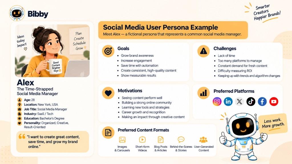 Infographic of a social media user persona named Alex, a time-strapped social media manager, with goals, challenges, motivations, platforms, and content formats.