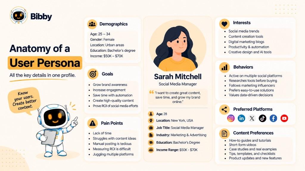 Infographic of a user persona profile with demographics, goals, pain points, interests, behaviors, preferred platforms, and content preferences.
