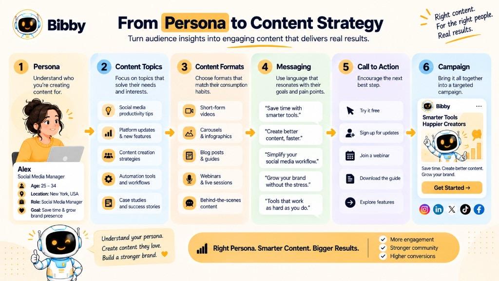 Infographic of a six-step path from persona to content strategy: topics, formats, messaging, calls to action, and a campaign.