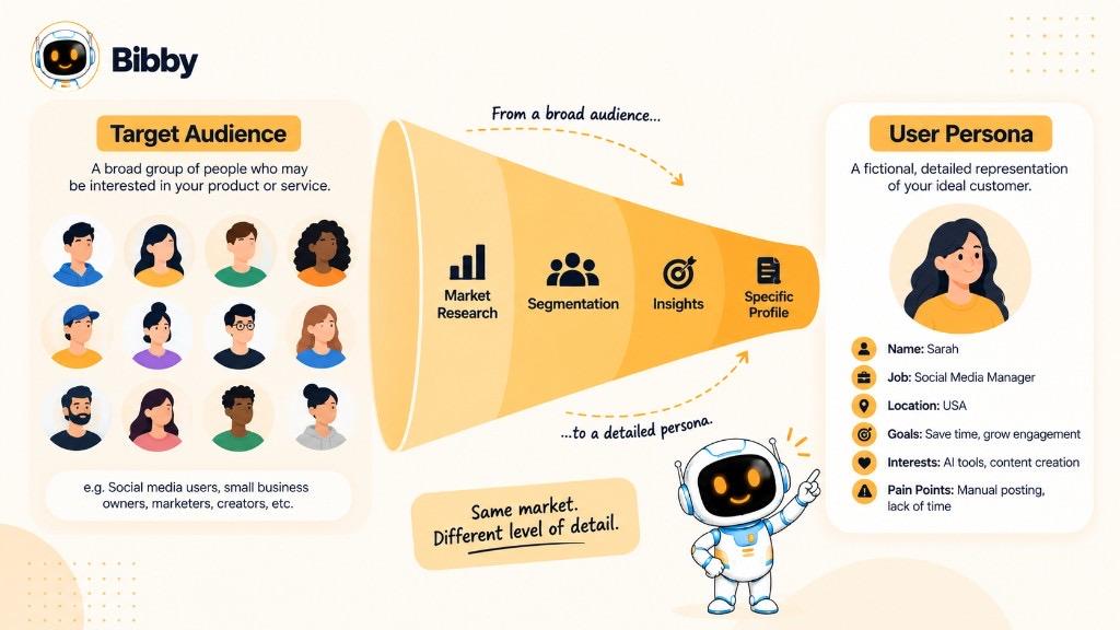 Infographic showing a broad target audience narrowed through research, segmentation, and insights into a detailed user persona named Sarah.