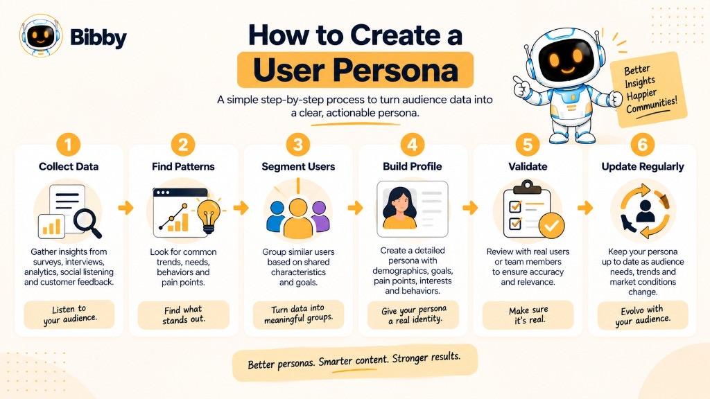 Infographic of six steps to create a user persona: collect data, find patterns, segment users, build a profile, validate, and update regularly.