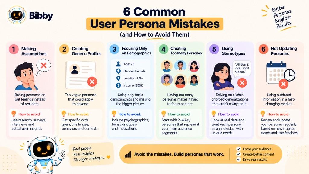 Infographic of six common user persona mistakes: assumptions, generic profiles, demographics only, too many personas, stereotypes, and never updating.