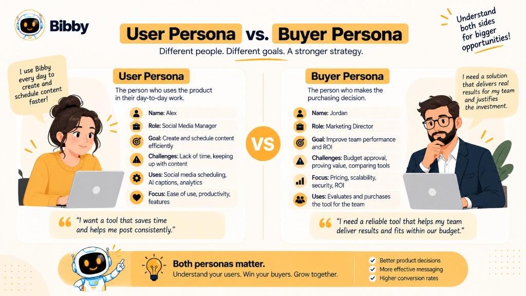 Infographic comparing a user persona who uses a product day to day with a buyer persona who makes the purchasing decision.