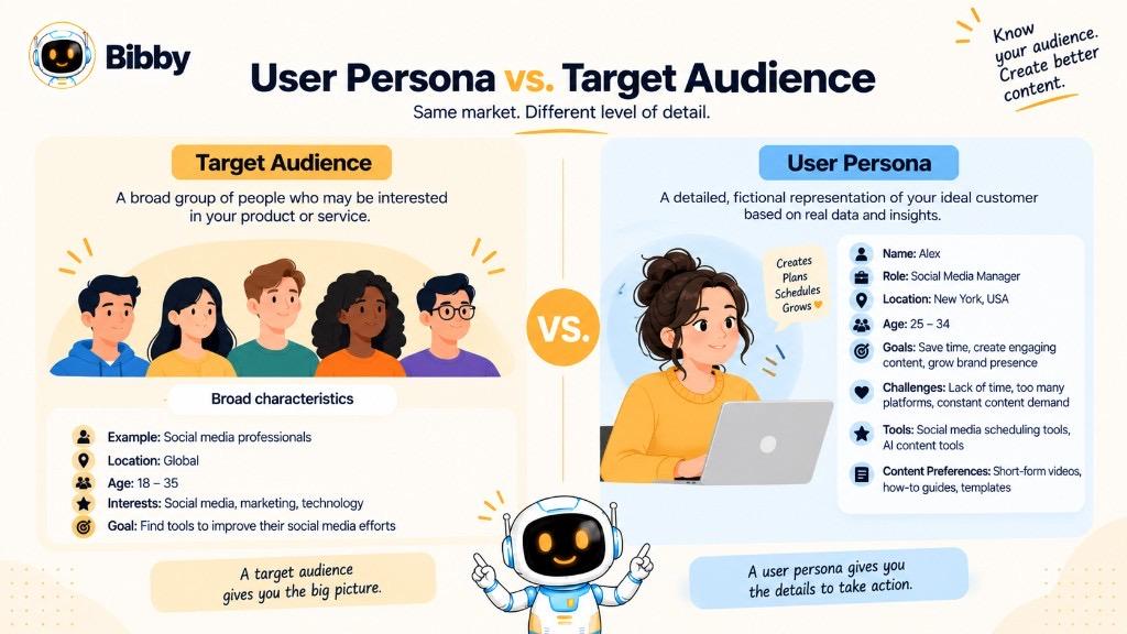 Infographic comparing a broad target audience with a detailed user persona based on real data, goals, challenges, and content preferences.