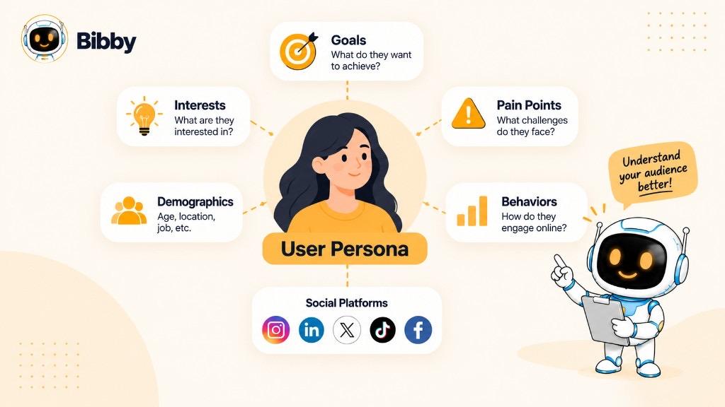 Infographic of a user persona with goals, pain points, behaviors, interests, demographics, and social platforms around a profile.