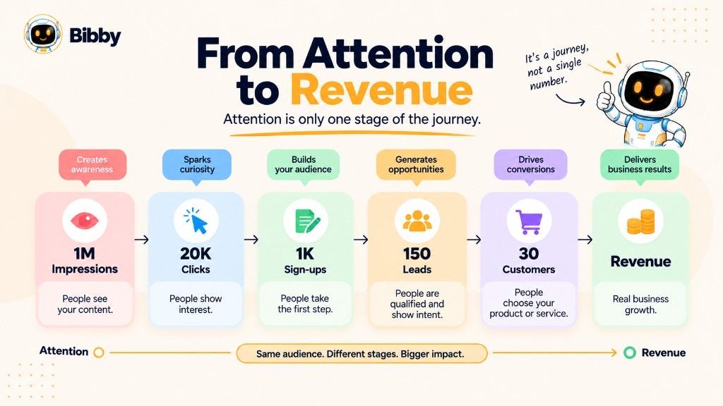 Infographic of a journey from 1 million impressions to clicks, sign-ups, leads, customers, and revenue.
