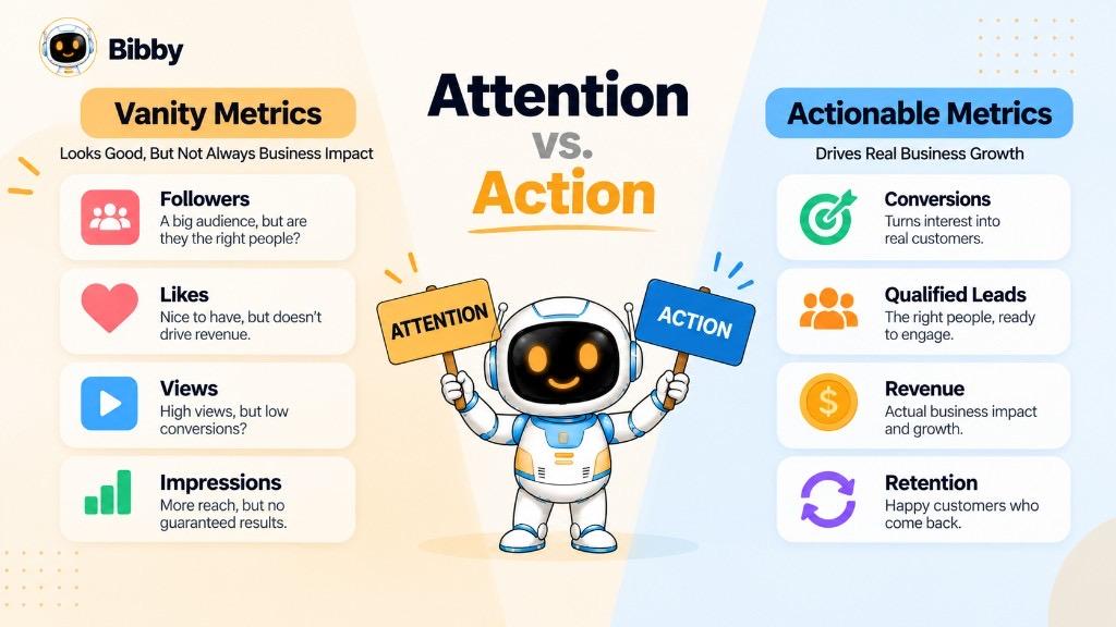 Infographic comparing vanity metrics such as followers, likes, views, and impressions with actionable metrics such as conversions, qualified leads, revenue, and retention.