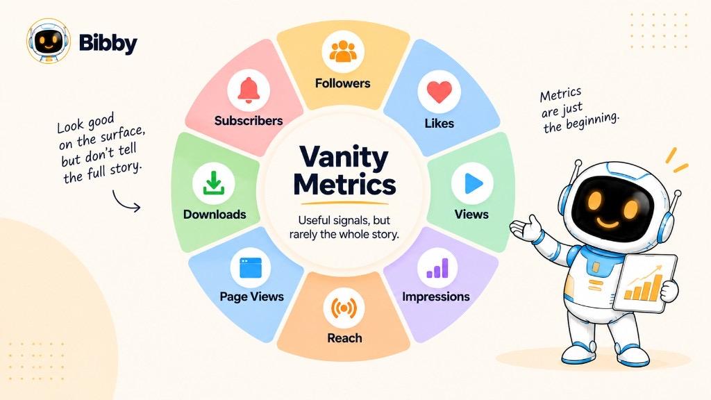 Infographic of common vanity metrics: followers, likes, views, impressions, reach, page views, downloads, and subscribers.