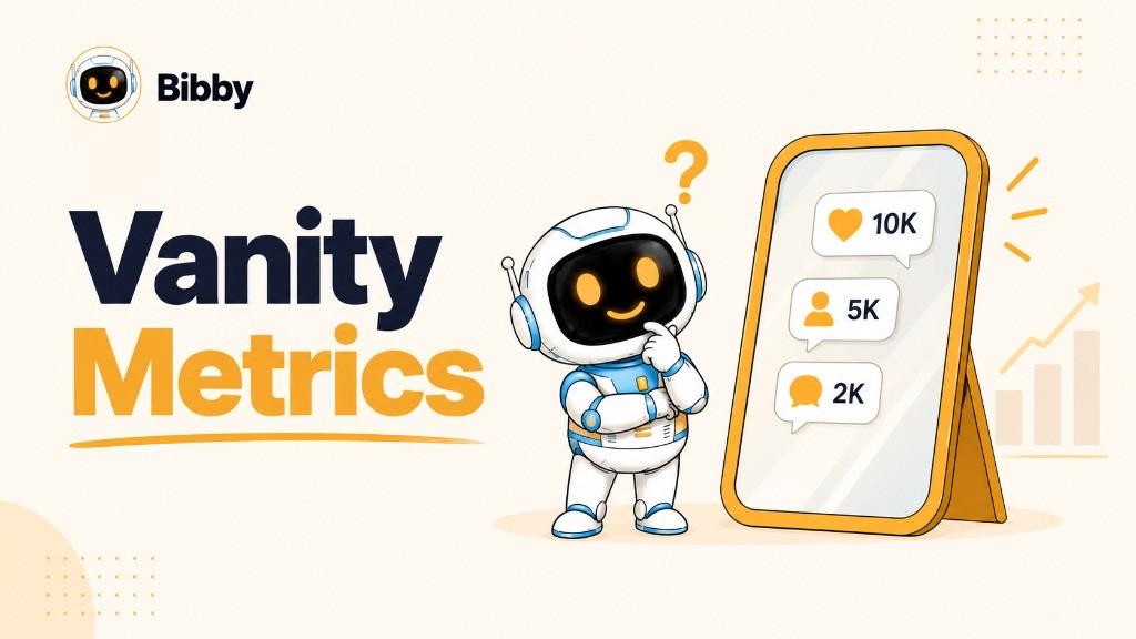 Bibby robot looking at a phone showing likes, followers, and comments with a question mark.