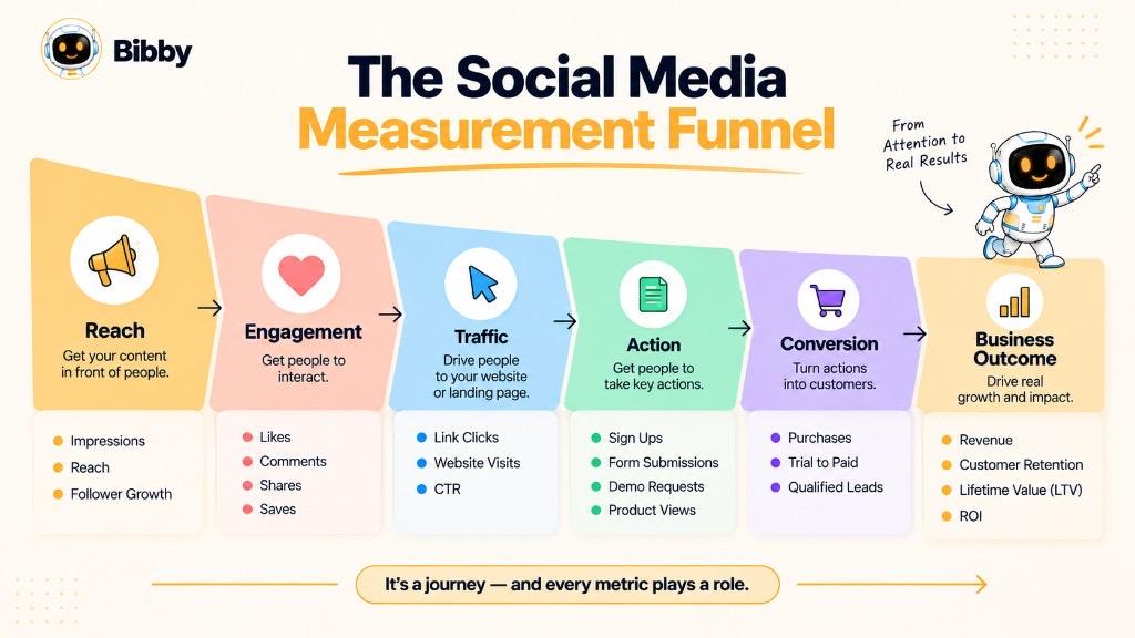 Infographic of a social media measurement funnel: reach, engagement, traffic, action, conversion, and business outcome.