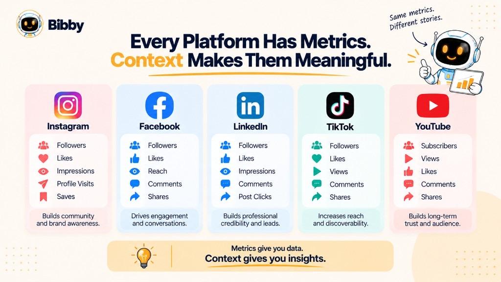 Infographic of Instagram, Facebook, LinkedIn, TikTok, and YouTube metrics that need campaign context to be useful.
