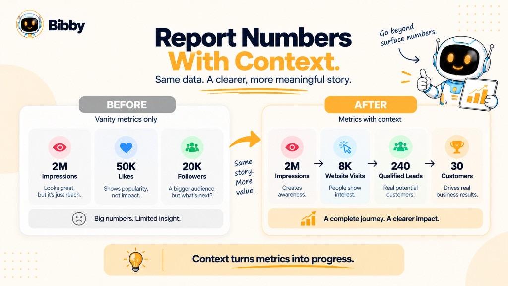 Infographic comparing a report of impressions, likes, and followers with the same data plus website visits, qualified leads, and customers.