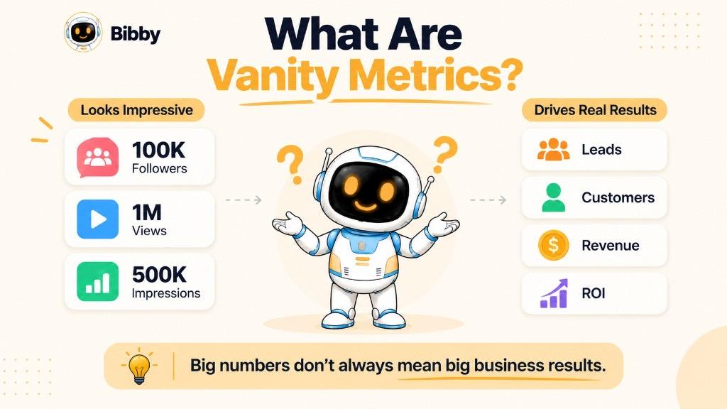 Infographic comparing impressive vanity metrics such as followers, views, and impressions with results such as leads, customers, revenue, and ROI.