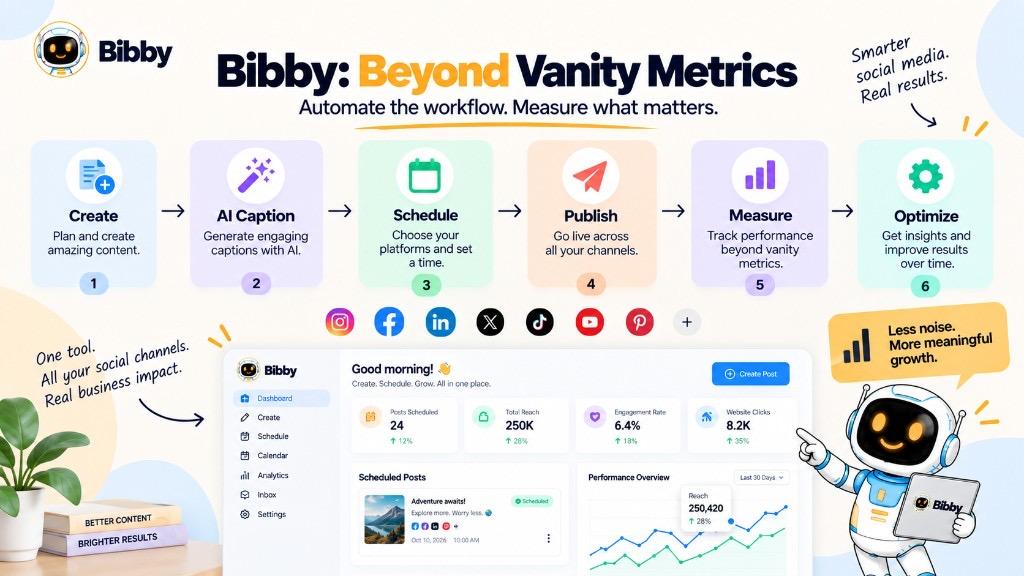 Infographic of a social workflow: create, caption, schedule, publish, measure, and optimize.