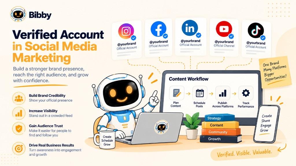 Infographic of verified official accounts on Instagram, Facebook, LinkedIn, YouTube, and TikTok next to a content workflow of planning, scheduling, publishing, and tracking.