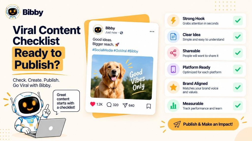 Checklist infographic for publishing: strong hook, clear idea, shareable, platform ready, brand aligned, and measurable.