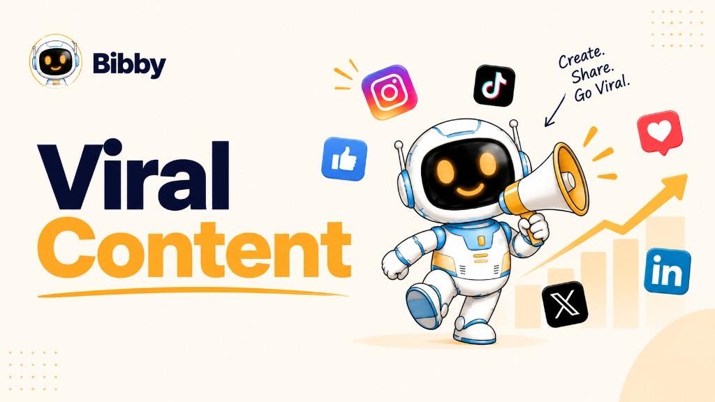 Bibby robot with a megaphone beside Instagram, TikTok, and LinkedIn icons and a rising chart labeled Create. Share. Go Viral.
