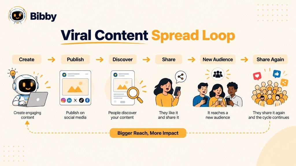 Infographic of a viral content spread loop: create, publish, discover, share, reach a new audience, and share again.