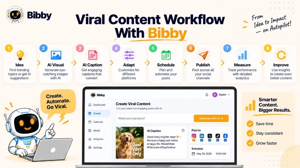 Infographic of an eight-step workflow: idea, AI visual, AI caption, adapt, schedule, publish, measure, and improve.