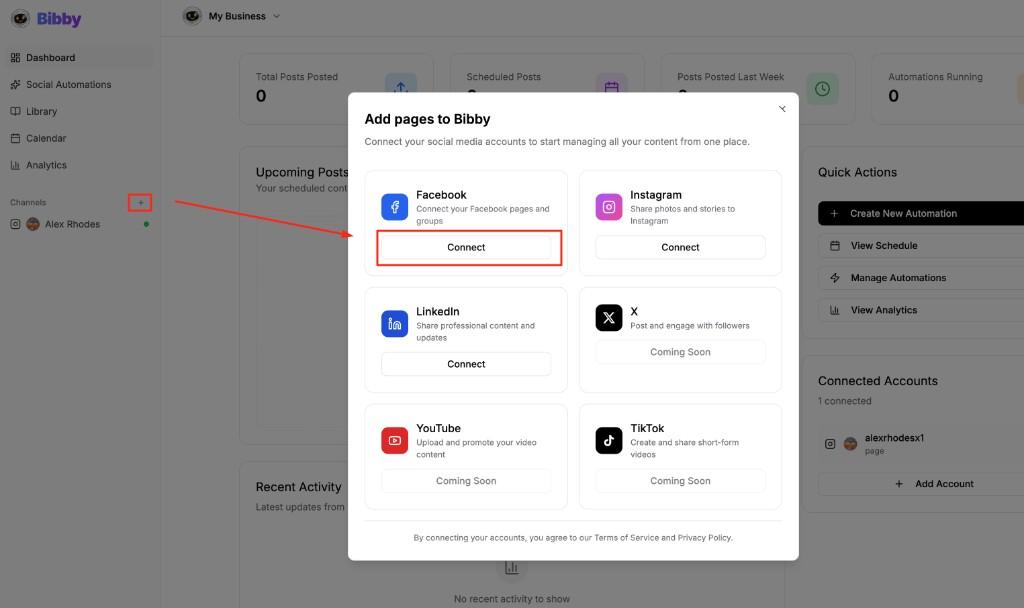 Add pages to Bibby modal - Connect your social media accounts, showing Facebook, Instagram, LinkedIn and other platforms