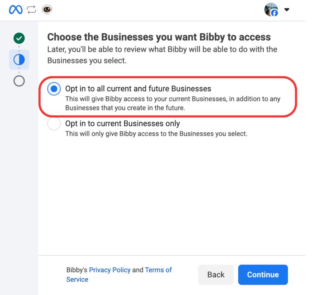 Choose the Businesses you want Bibby to access