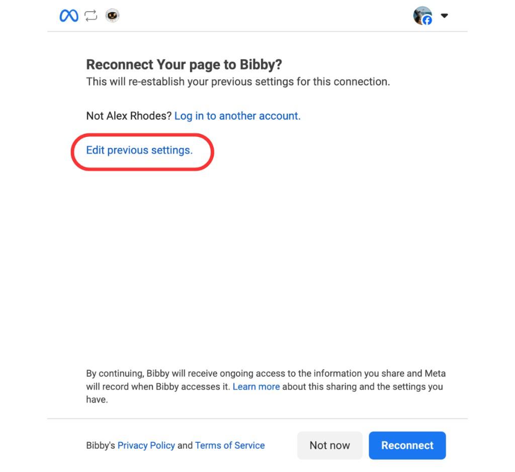 Reconnect Your page to Bibby - Edit previous settings