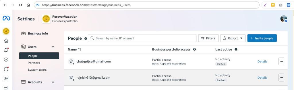 Facebook Business Manager People settings - showing Business portfolio access levels