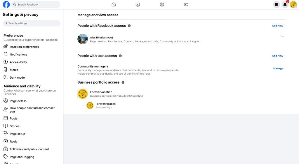 Facebook Manage and view access page - showing People with Facebook access, People with task access, and Business portfolio access