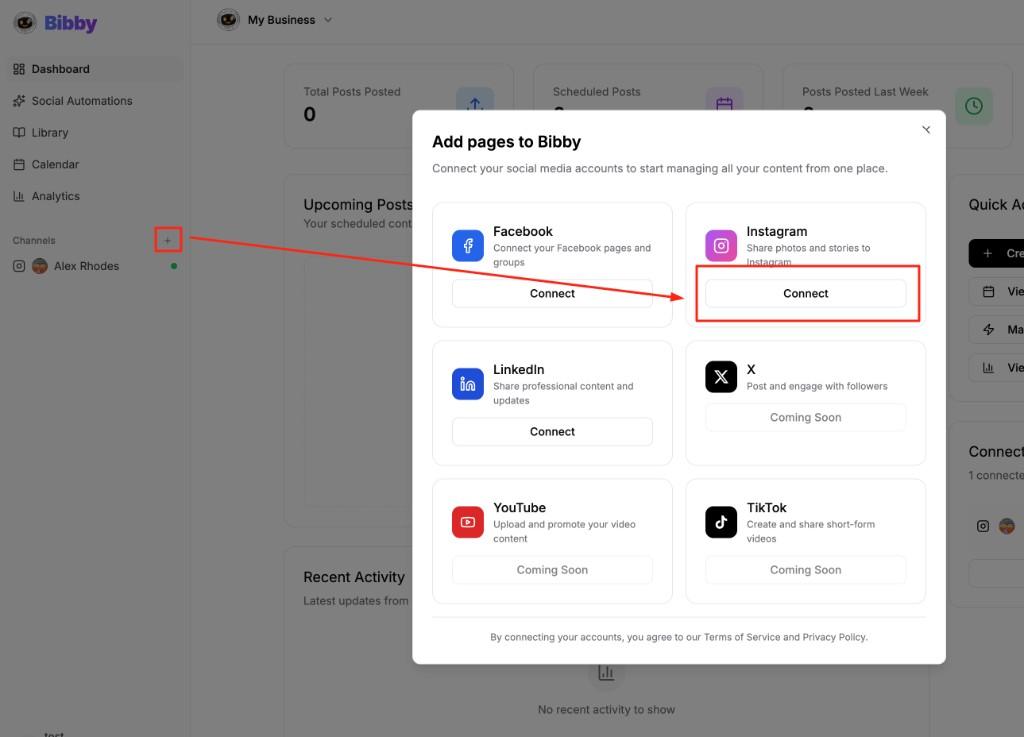 Add pages to Bibby modal - Connect your social media accounts, showing Instagram Connect button