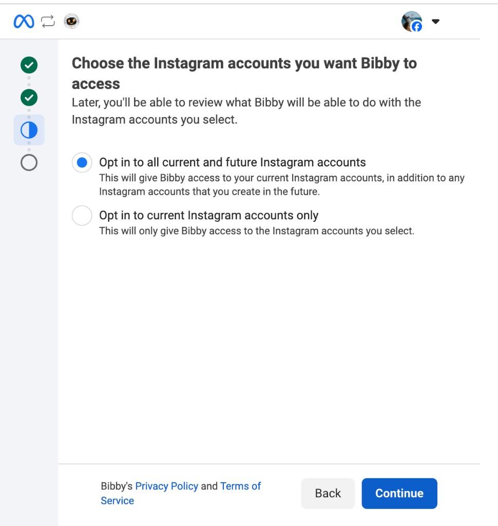 Choose the Instagram accounts you want Bibby to access