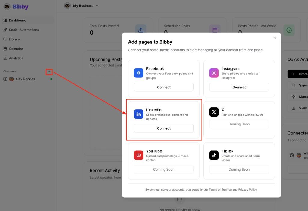 Add pages to Bibby modal - Connect your social media accounts, showing LinkedIn Connect button