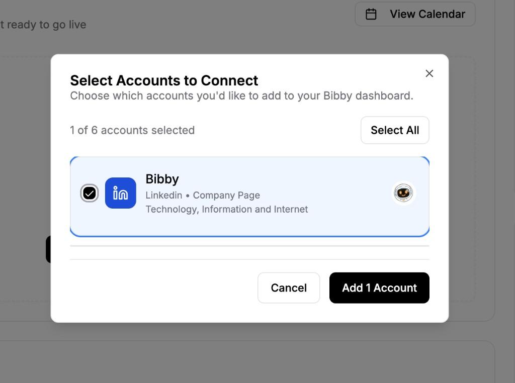 Select Accounts to Connect - Choose which LinkedIn accounts to add to your Bibby dashboard