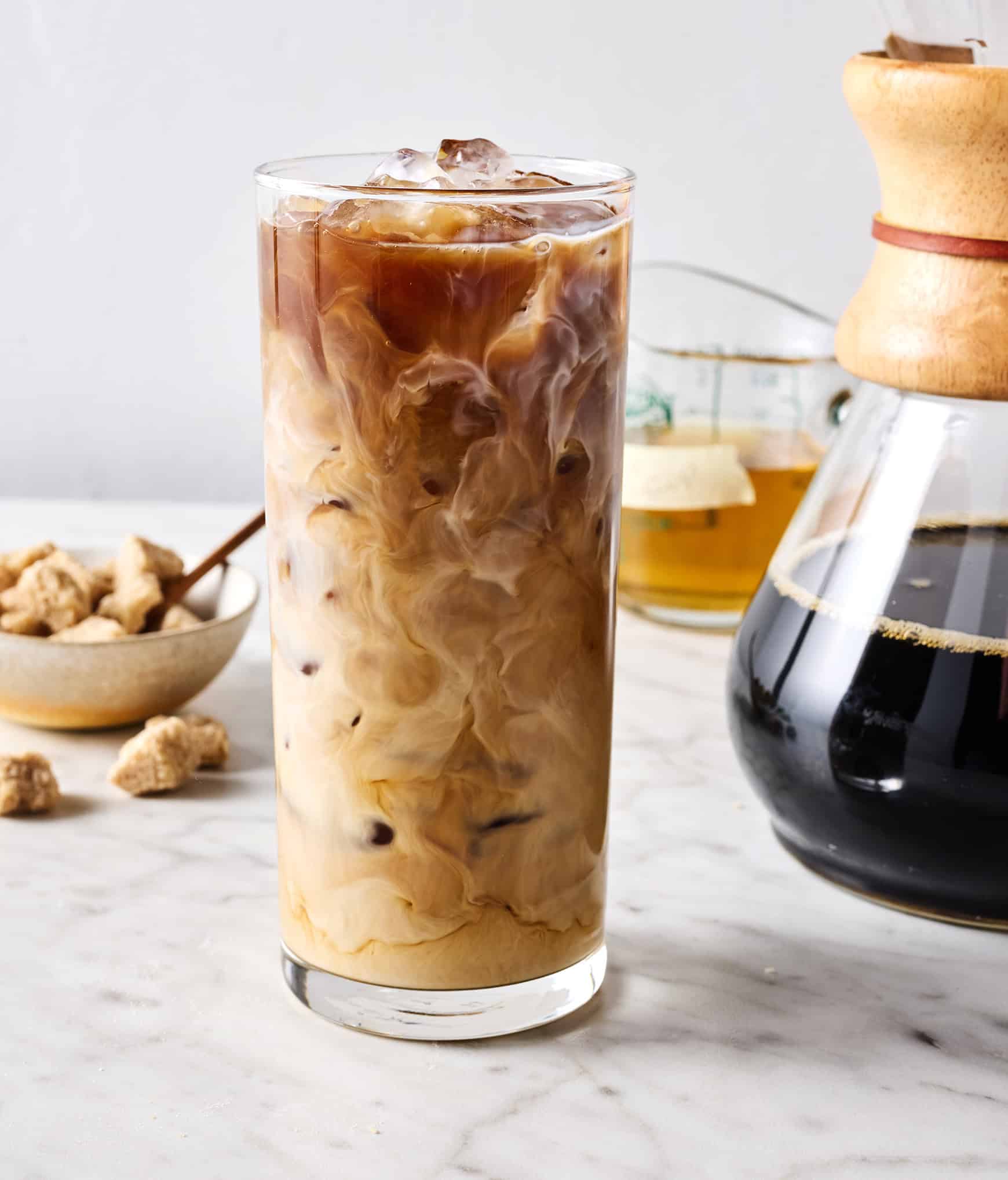 Iced coffee drinks on sunny day