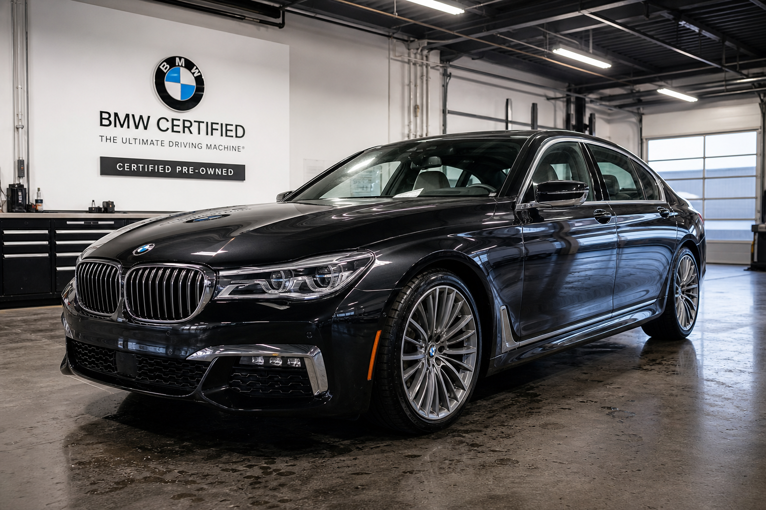 Certified pre-owned luxury sedan in a dealership detail bay