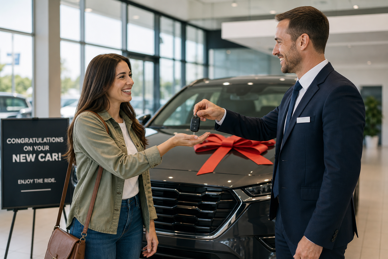 Customer receiving keys to a new car at a dealership