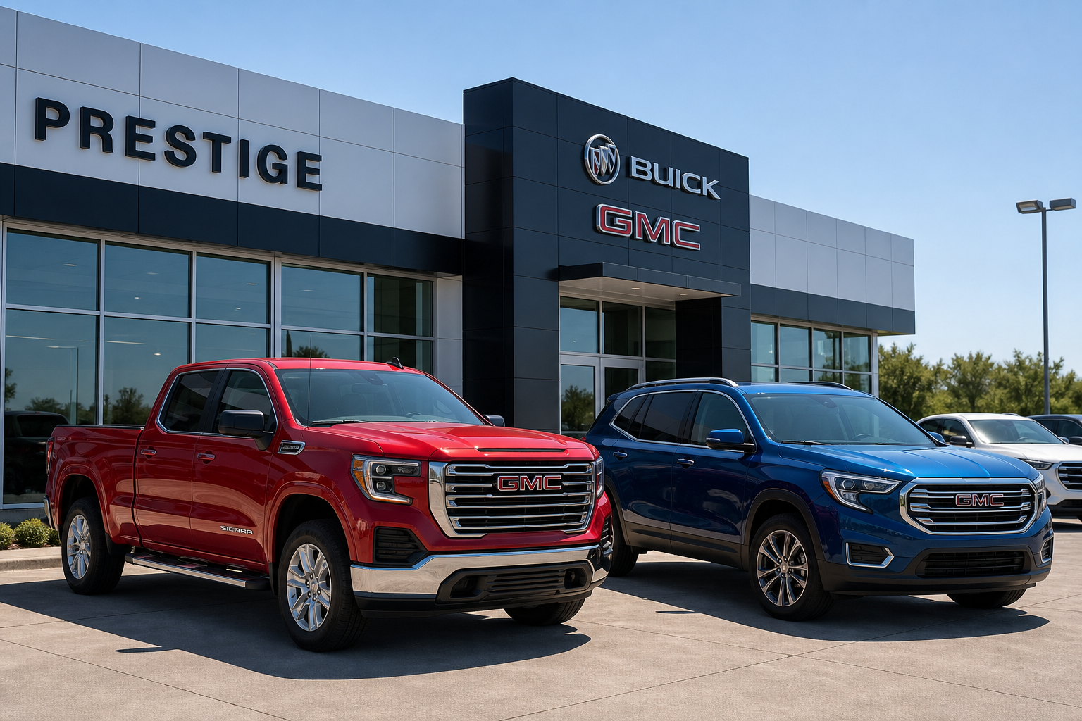 Pickup truck and SUV on a dealership lot on a sunny day